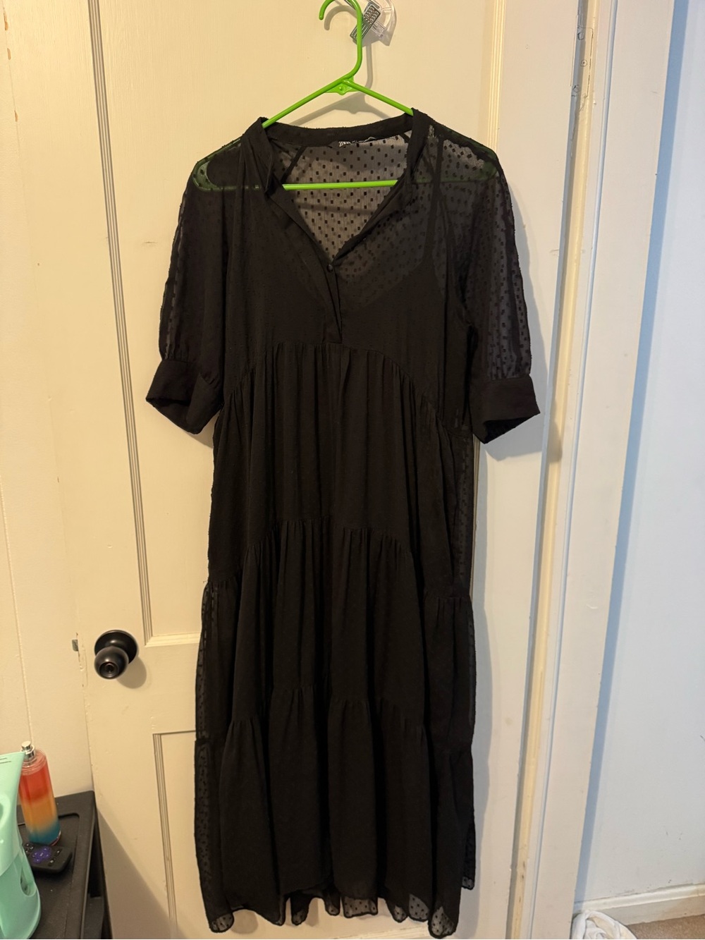 Zara Black Tiered Maxi Dress with Sheer Dot Panels